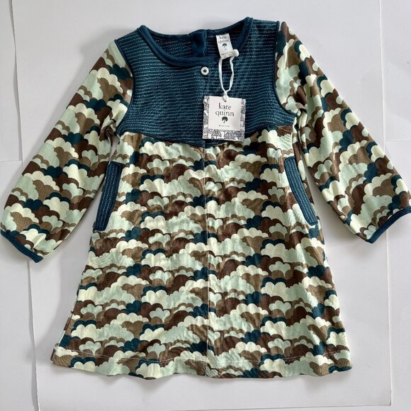Kate Quinn Knit Dress | Long Sleeve, Cloud Print | Teal & Brown | 3T | NWT - Picture 1 of 5